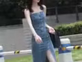 潮！！修身牛仔背带开叉裙