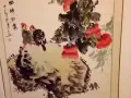 中国国画，卷轴画。木框画。竹扇。贝壳雕画。